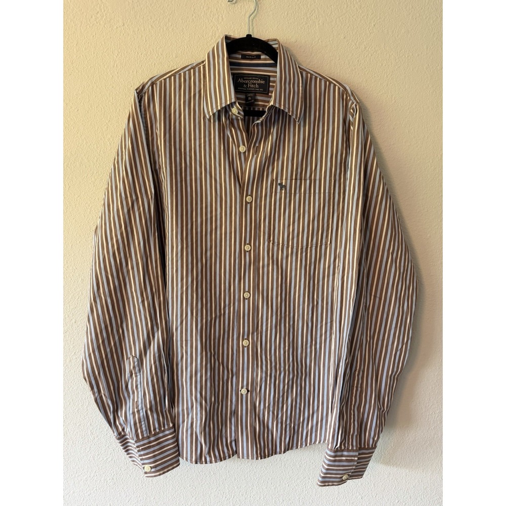 Abercrombie Brown Striped Muscle Fit Button Up Dress Shirt Adult Men's XL EUC